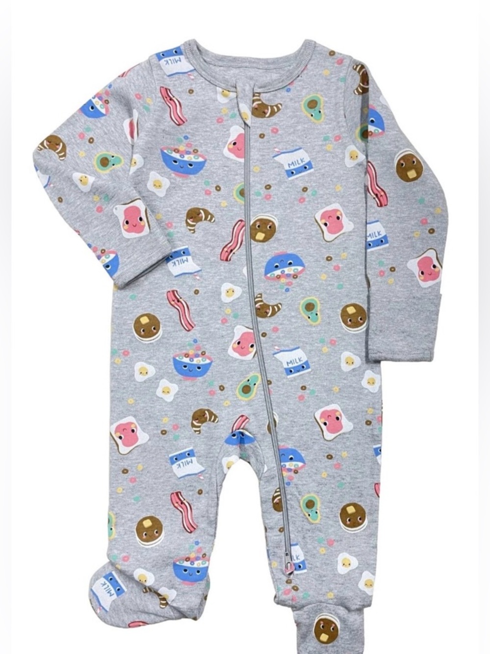 Grey Breakfast Print Baby One-Piece Zipper Footed Romper